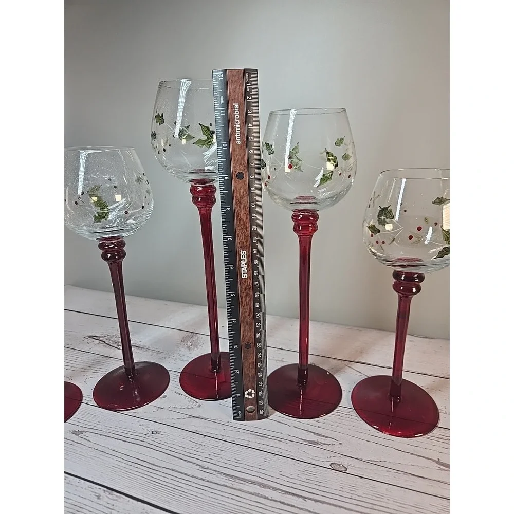 PFALTZGRAFF Set of 5 Hurricane Red Stem Candle‎ Votive Holders WINTERBERRY